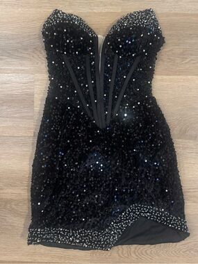 Sparkling Black Strapless Bodycon Sequin Corset Dress with Beading